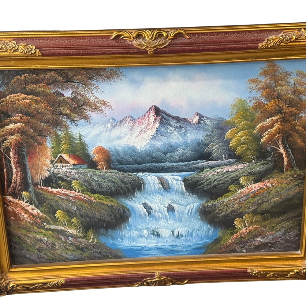 Framed Waterfall Landscape Wall Art - Blue and Green - HUGE 40”x30”